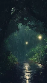 Enchanted rainforest pathway glows warmly through the rain