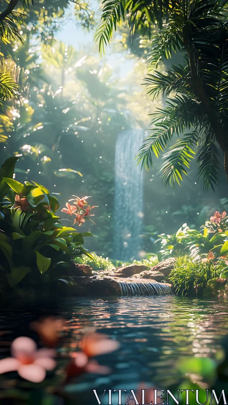 Volumetric-lit tropical waterfall basin with floral foreground.