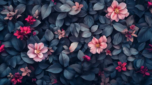 Midnight Garden: Blooms of Rose and Magenta Burst Through Deep Indigo Foliage.