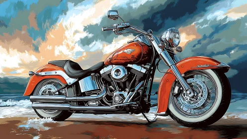 Orange cruiser motorcycle on beach under stormy sky.