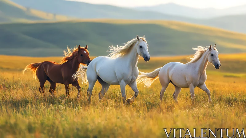 Wild horses run across golden fields at peaceful sunset