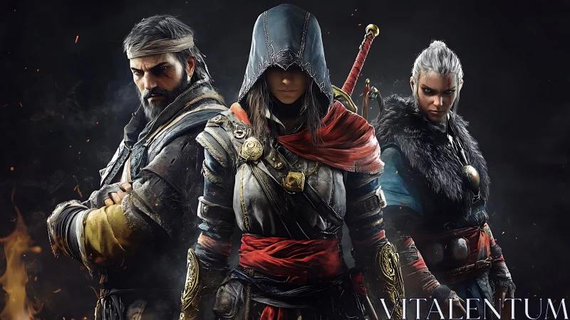 Battle ready trio of warriors stand against a burning dusk