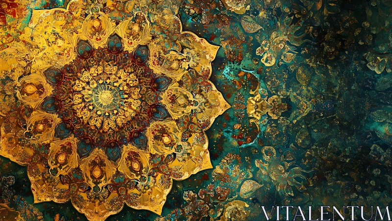 Golden mandala blooms across a deep teal cosmic tapestry