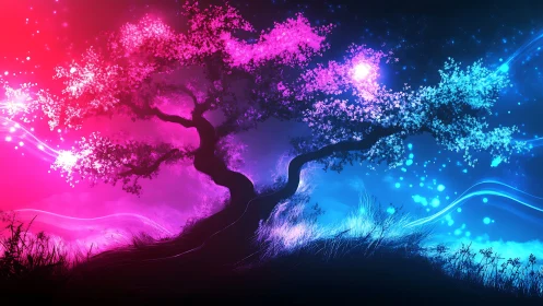 Twilight blossom tree dividing neon night and sunrise.