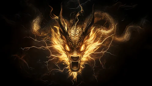 Fiery golden dragon head emerging from dark background.