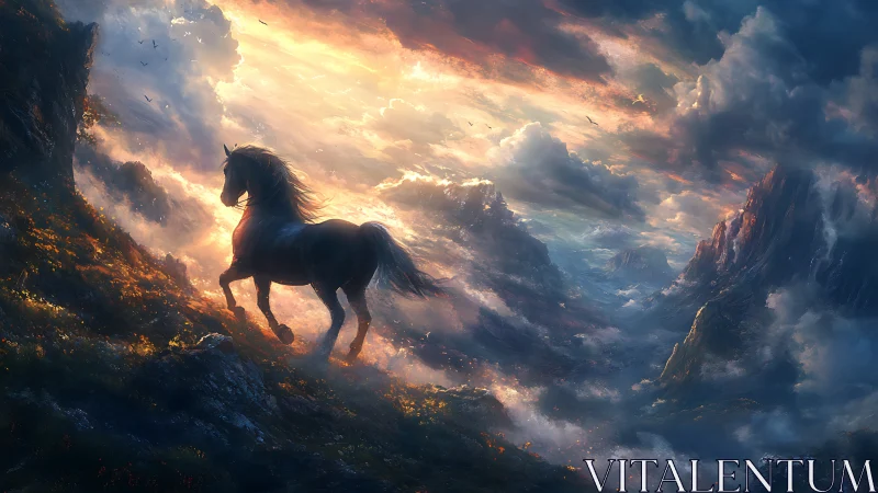 Stormlit stallion racing along ember-bright mountain winds.