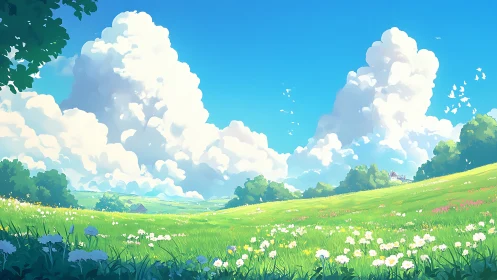 Wide meadow landscape shows clouds above bright green field