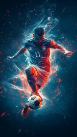 Digital depiction of soccer player striking ball midair.