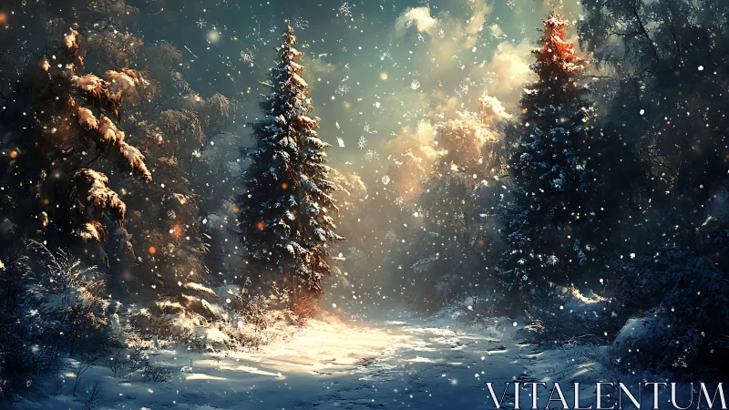 Snowfall illuminates tranquil forest path at winter dusk