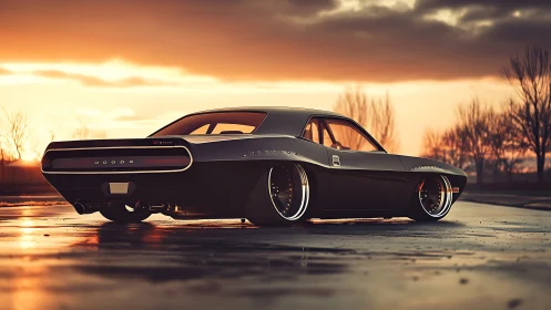 Low-slung retro muscle car in cinematic sunset rendering.