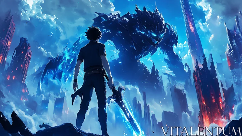 Lone warrior confronting colossal skyborn energy titan.