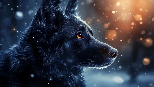 Canine side-profile under bokeh-rich winter illumination.