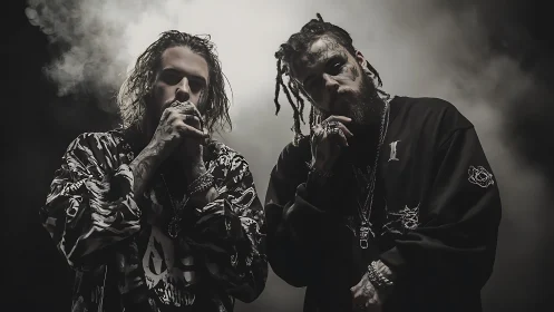 Moody dual portrait of tattooed hip hop artists in stage fog