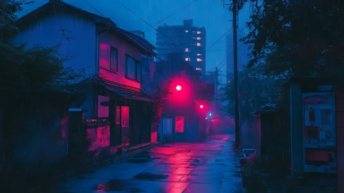 Neon-soaked alleyway in nocturnal rain, cyberpunk streetscape.