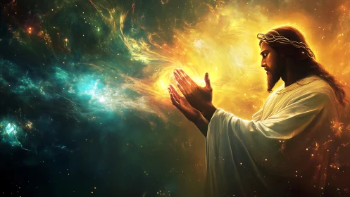 Figure in glowing robe stands before swirling cosmic light