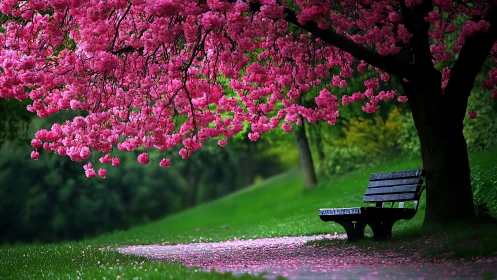 Serene park bench beneath vivid pink cherry blossoms.