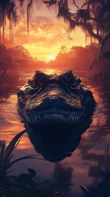 Cinematic swamp predator close-up at sunset in digital painting.