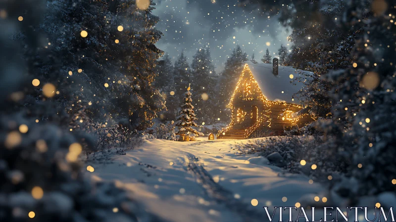 Snowy forest cabin illuminated by warm festive string lights