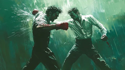 Two Men Fighting in Rain, Digital Painting.