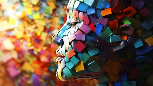 Mosaic tessellated human profile in high-saturation pseudo-3D relief.