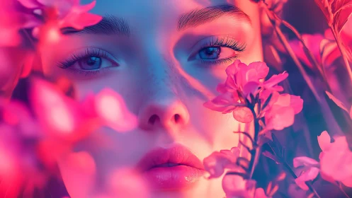 Neon blossom gaze in dreamlit pink and cyan glow.