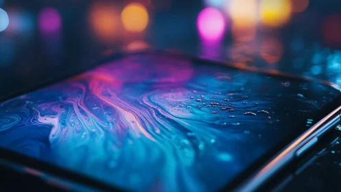 Smartphone screen glows with neon liquid swirl bokeh.