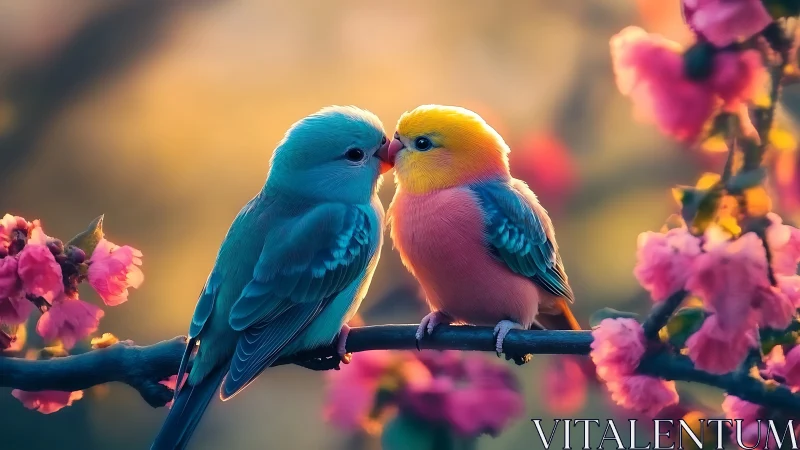 Two Colorful Birds Perched on a Blossom Branch, Soft Pastel Art.