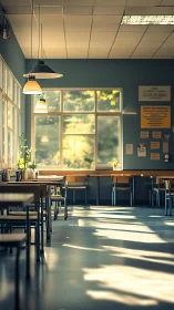 Morning sunlit canteen interior with soft golden shadows.