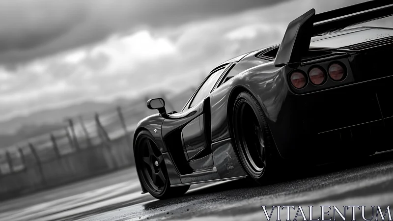 Rear-angled supercar study on wet racetrack in monochrome.
