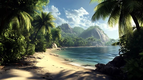 Tropical Coastal Cove: Palm-Framed Beach with Granite Formations
