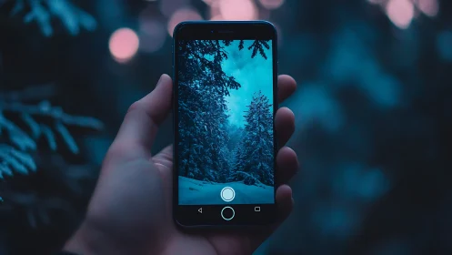 Handheld smartphone capturing winter forest landscape with dynamic HDR processing and blue color gra