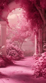 Rose-tinted garden arcade with columns and winding path.