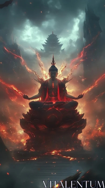 Mythic fire-lotus Buddha in symmetrical digital painting composition.