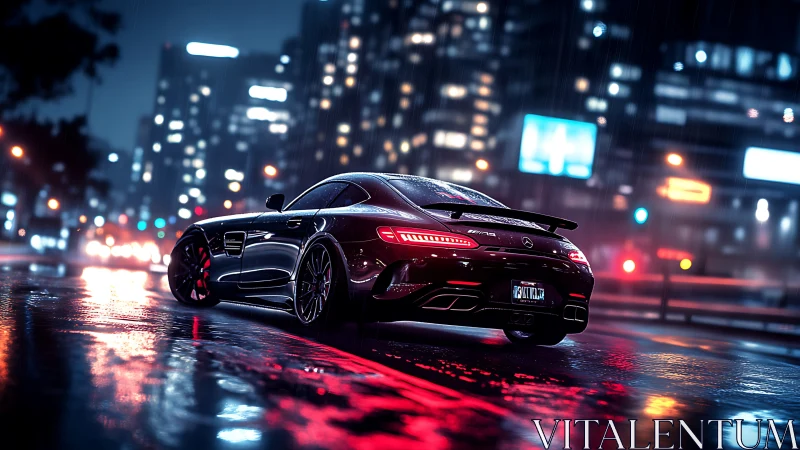 Midnight supercar gliding through neon city rainstorm.