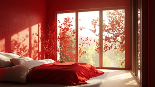 Crimson dawn bedroom wrapped in glowing maple whispers.