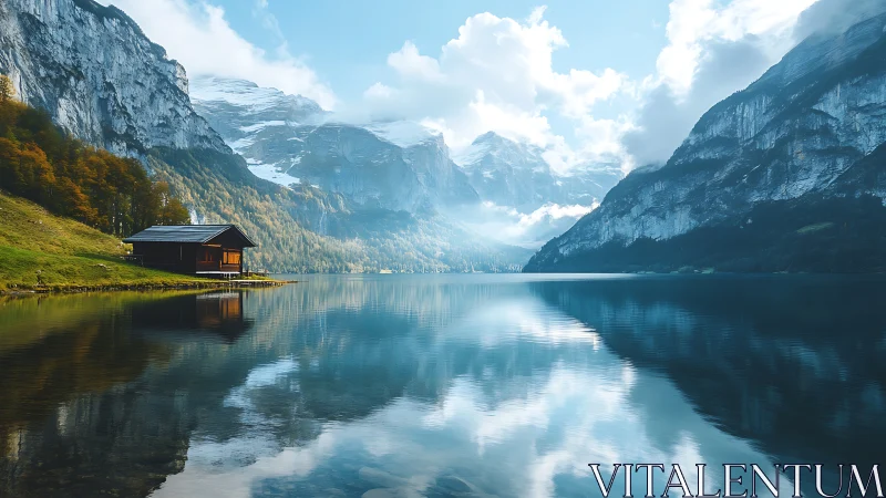 Mountain lake cabin with calm water reflections at sunrise.
