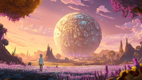 Alien meadow vista with colossal biomechanical sphere at dusk