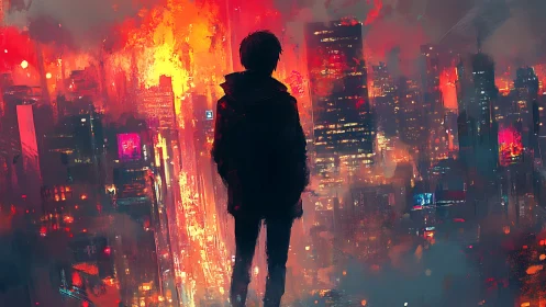 Lone silhouette drinks in a neon city drowned in fire