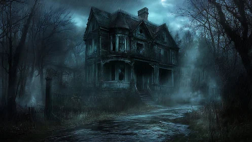 Gothic haunted mansion in stormy moonlit forest landscape.