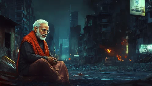 Solitary elder in ember-lit ruins of a fallen megacity.