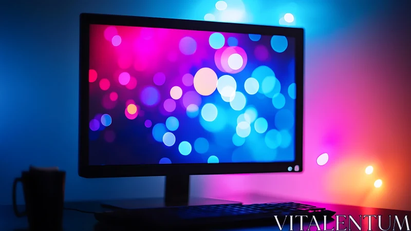 Photoreal desktop monitor with neon bokeh gradient display.