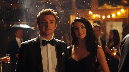 Elegant couple embrace rainlit evening gala courtyard.