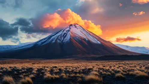 Volcanic stratocone at sunset with cloud-ignited alpenglow plume.