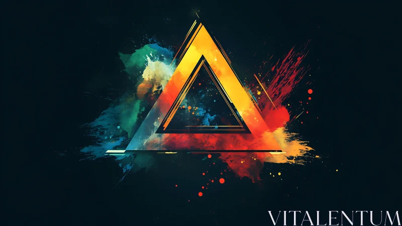 Geometric triangle with multicolor paint splash on black