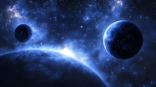 Three blue planets in deep space with bright starlight.