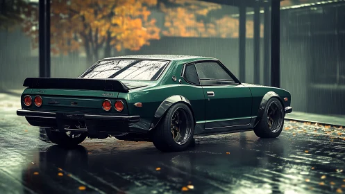 Retro green coupe rendered in rainy urban courtyard.