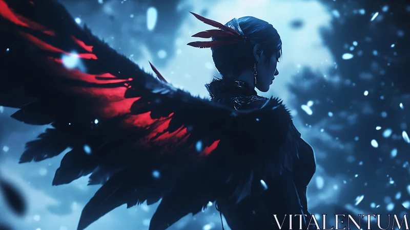 Backlit winged figure under cold bokeh, red-feather specular accents