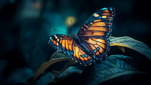 Vivid orange and blue butterfly resting on dark green leaf.