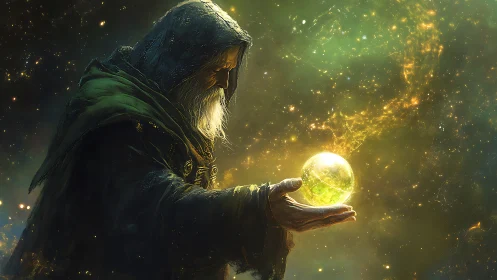Hooded figure holds illuminated orb within diffuse cosmic field