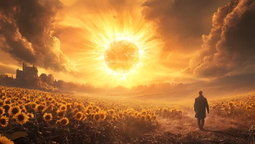 Sunflower pilgrim strides toward a blazing newborn sun